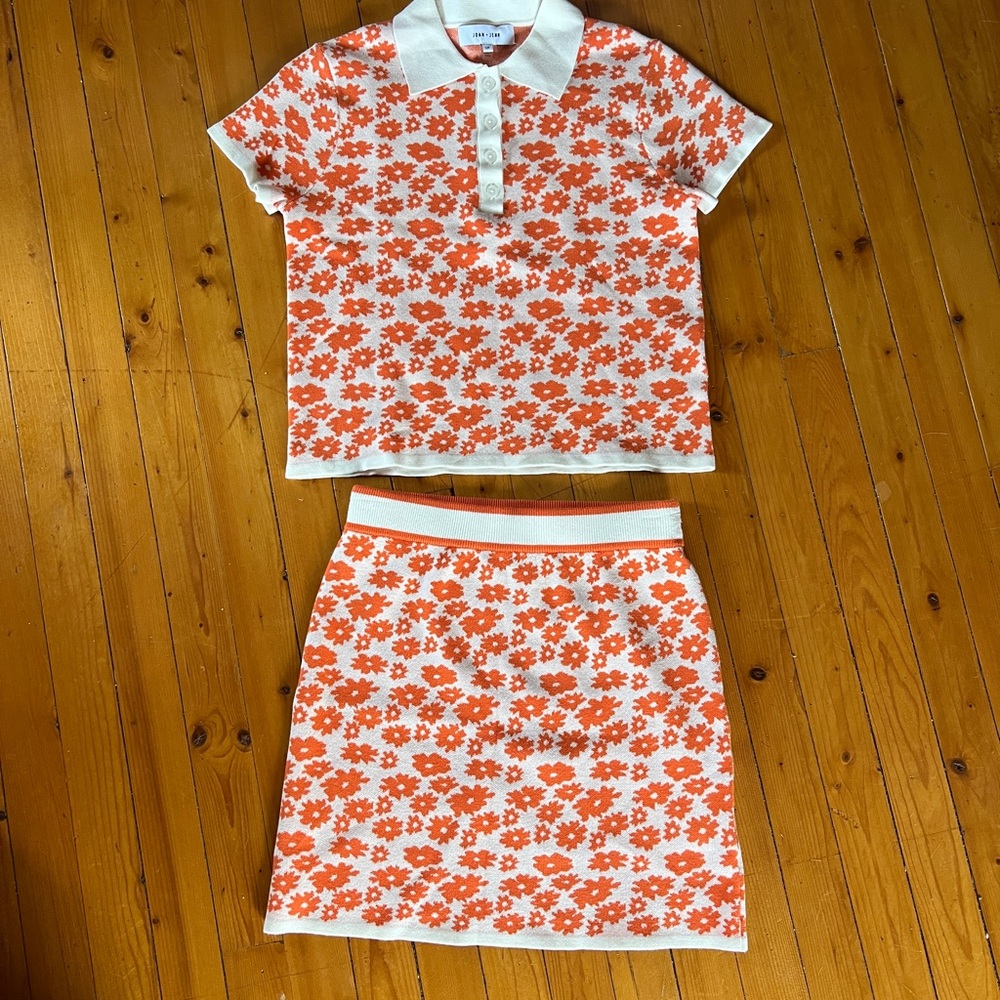 John + Jenn Size Small Orange Floral Polo Top and Skirt Set